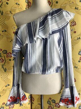 Hemant & Nandita One Shoulder Ruffle Top Blue Stripe Embroidered Size S